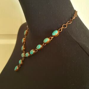 Copper Faux Turquoise Necklace Oval Cabs Station Y Drop Boho Southwest Chain Y2K